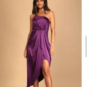 Purple one-shoulder asymmetrical midi dress
